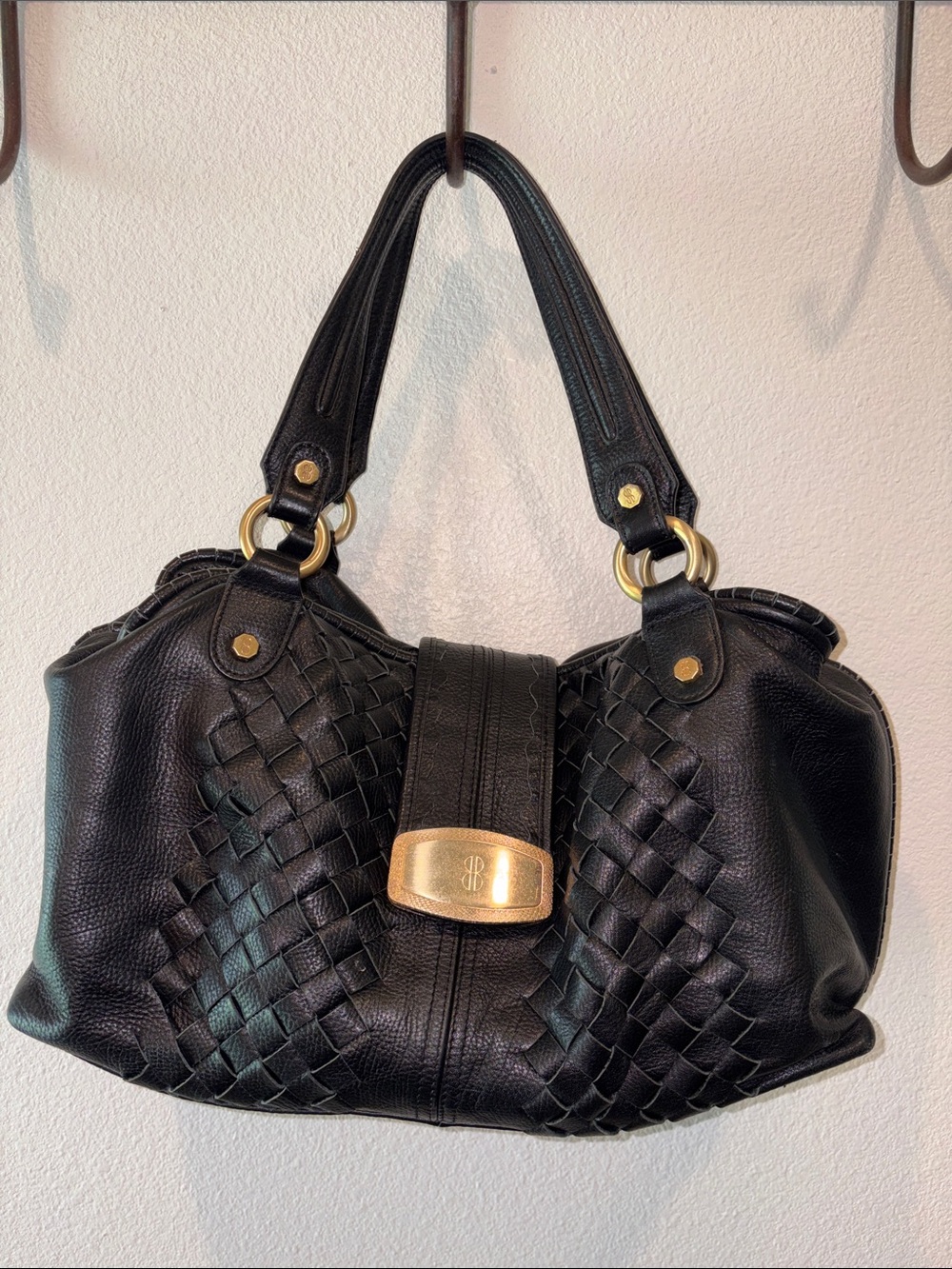bill blass Black Woven Leather Shoulder Bag with Gold Accent